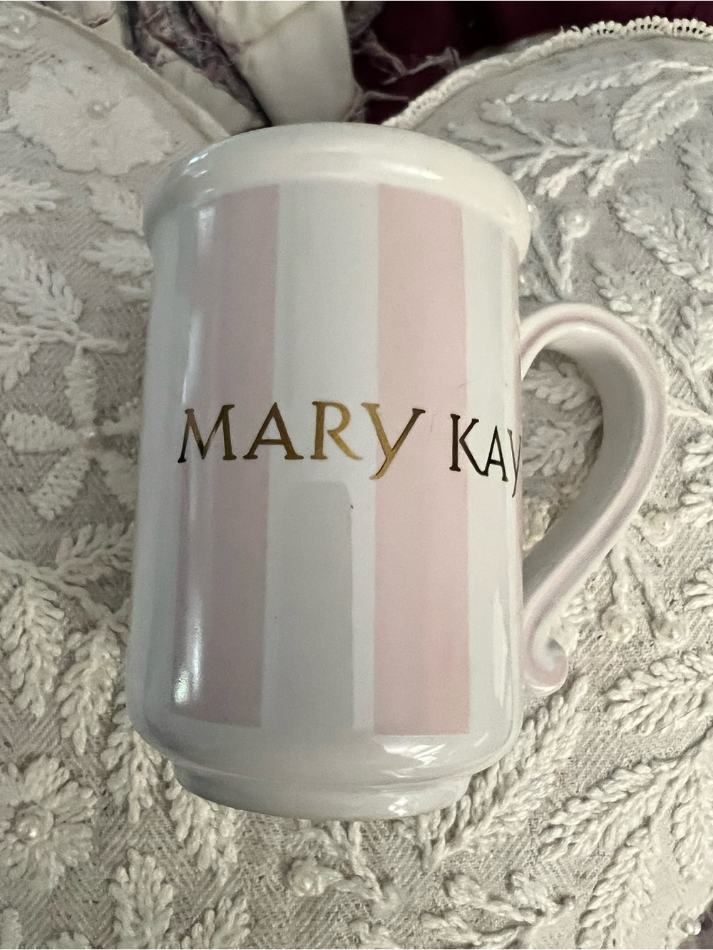 Mary Kay Gold Logo Pink & White Striped Mug